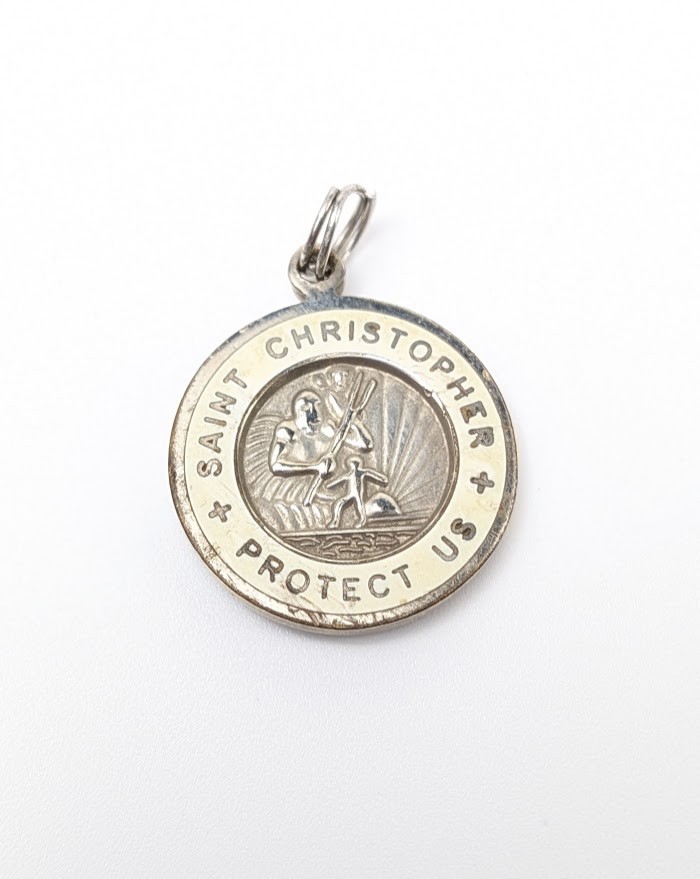 Vintage St Christopher Surfer Medal Pendant White Enamel Silver Tone Protection