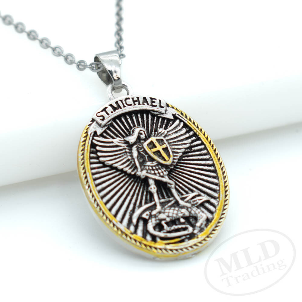 Saint St Michael Pendant Necklace, Oval Silver-Gold, 18″ Chain, Ephesians 6:10