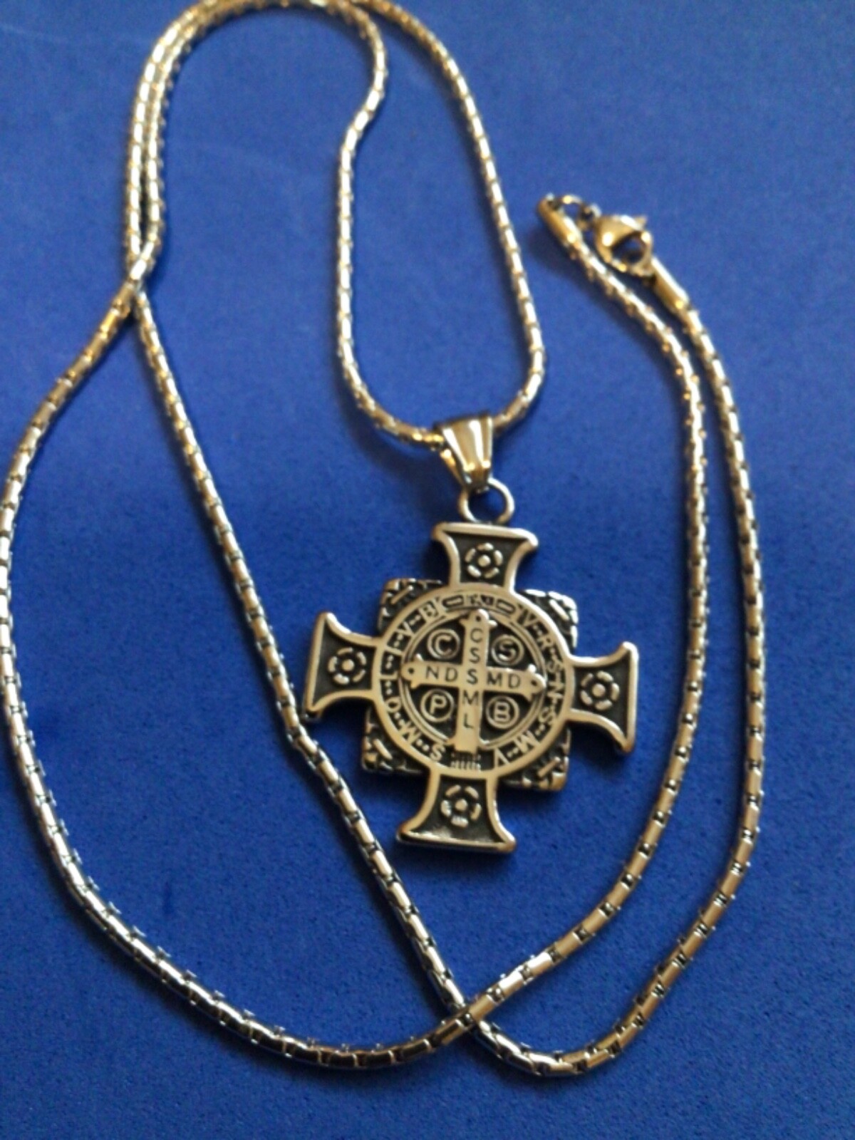 Antiqued St BENEDICT NECKLACE Pendant Protection Saint Medal Stainless Steel 29″