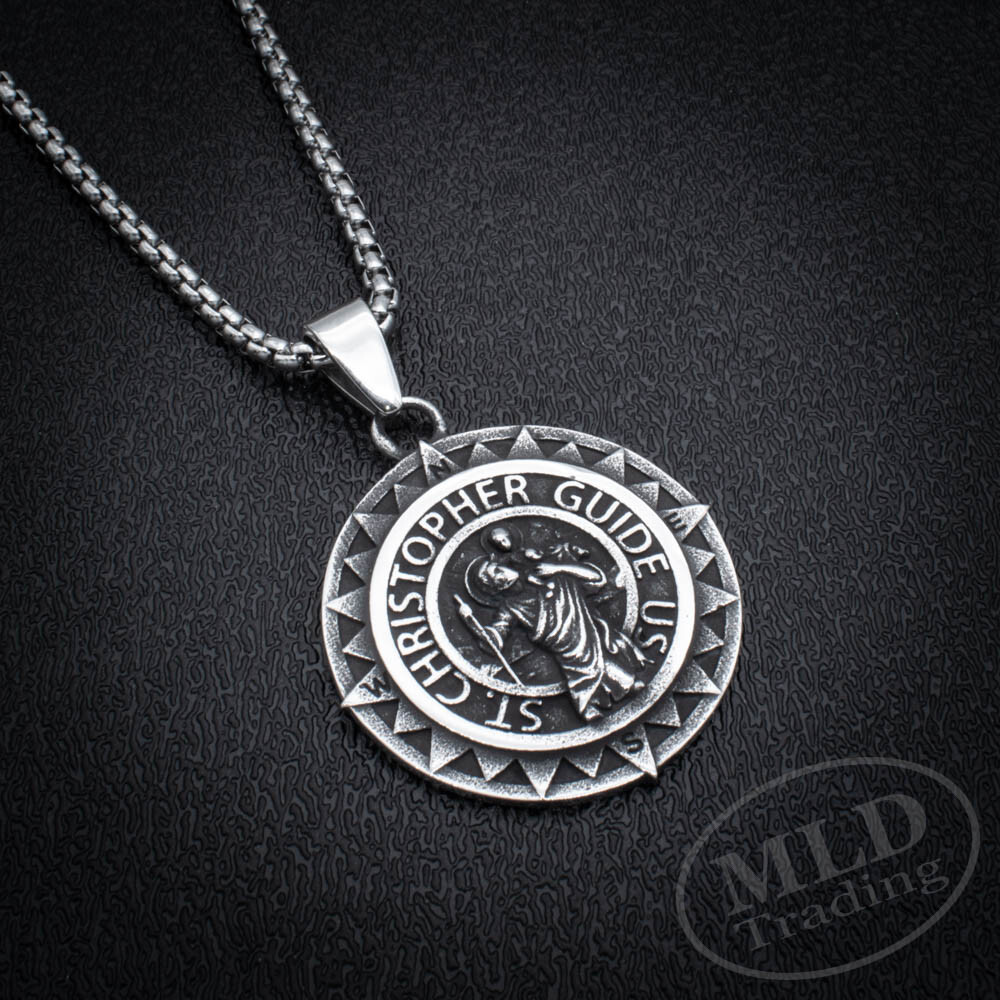 Saint St Christopher Medal Silver Stainless Steel Compass Style Pendant Necklace