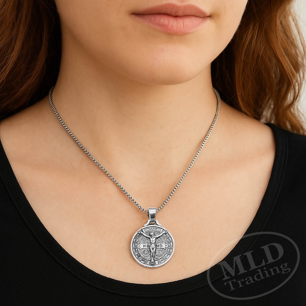 Jesus Crucifix Saint St Benedict Medal Cross Pendant Necklace 24″ Box Chain