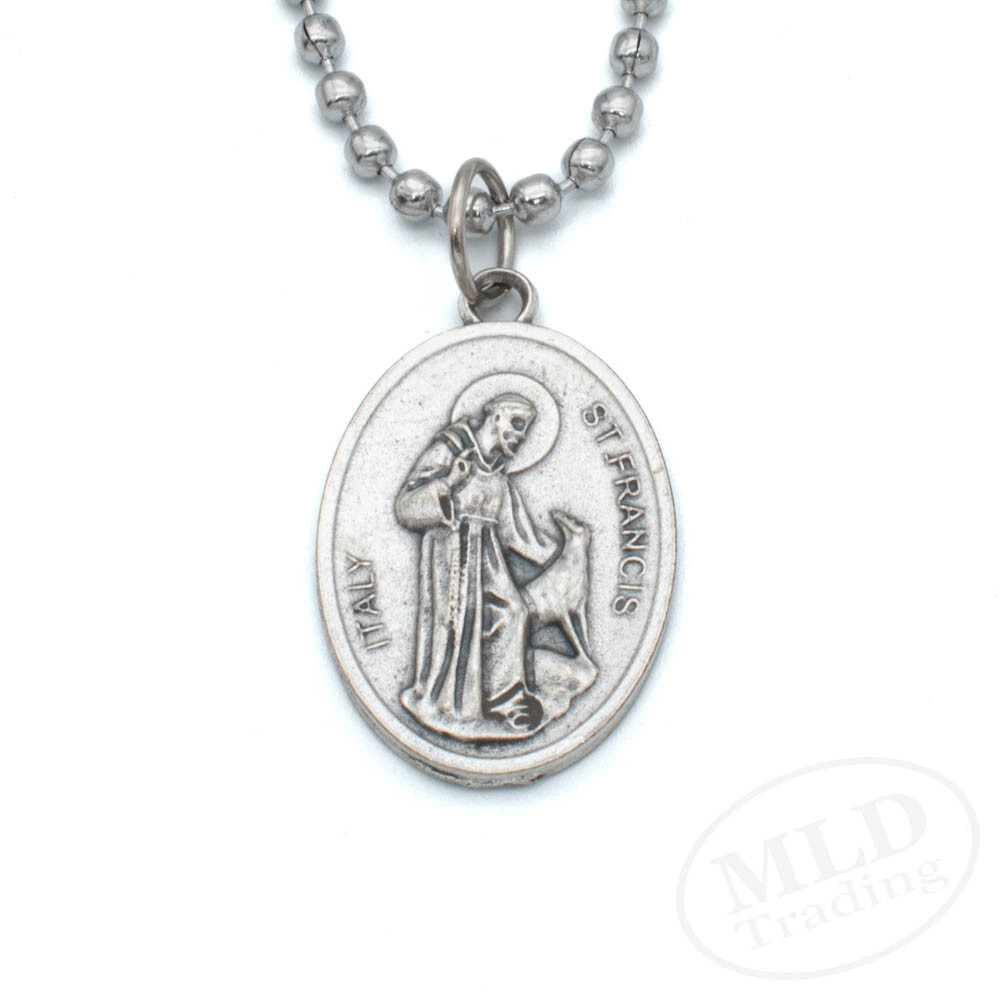Italian Made Oval Saint Francis Medal Necklace – Zinc Alloy, Silver, 24″ Chain