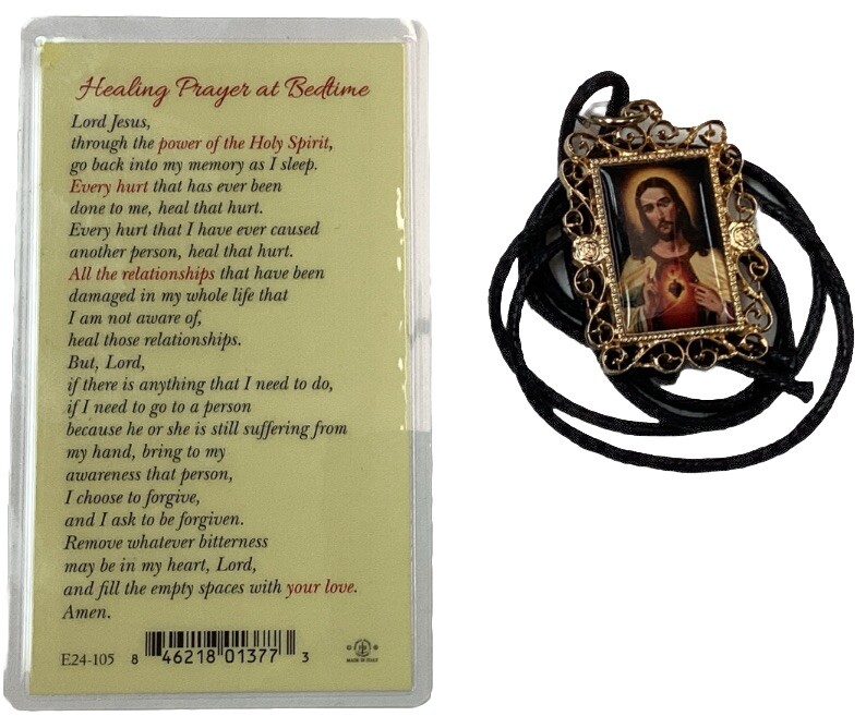 Medal Of Sacred Heart Of Jesus And Holy Card With The Healing Prayer At Bedtime.