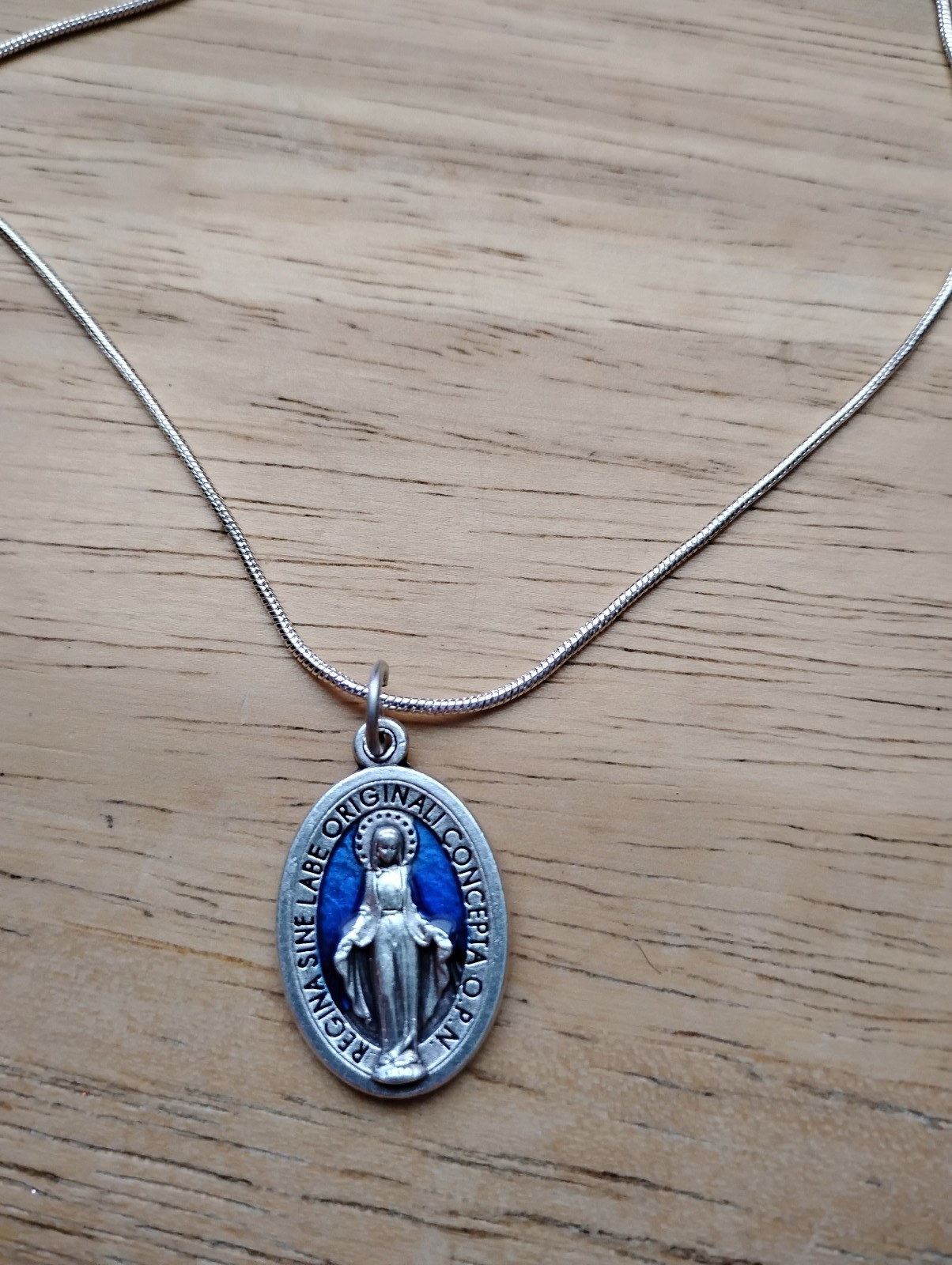 1″ Blue Miraculous Medal LATIN Necklace 925 sterling silver chain + Prayer Card