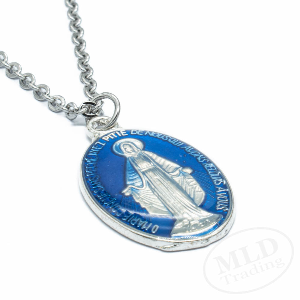Stainless Steel Virgin Mary 1 Inch Blue Miraculous Medal Pendant Necklace Womens