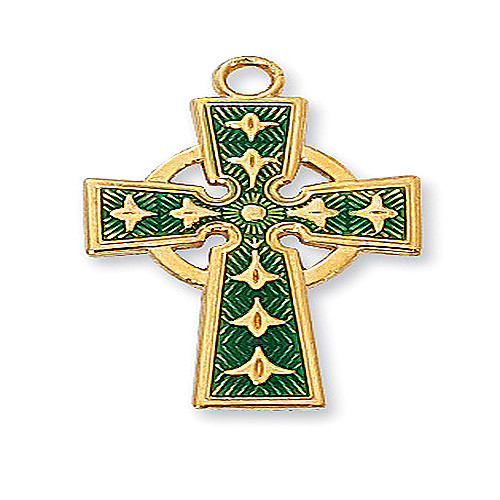 Green Celtic Cross Gold Plated Sterling Medals Fine Jewelry Pendant W/ Chain