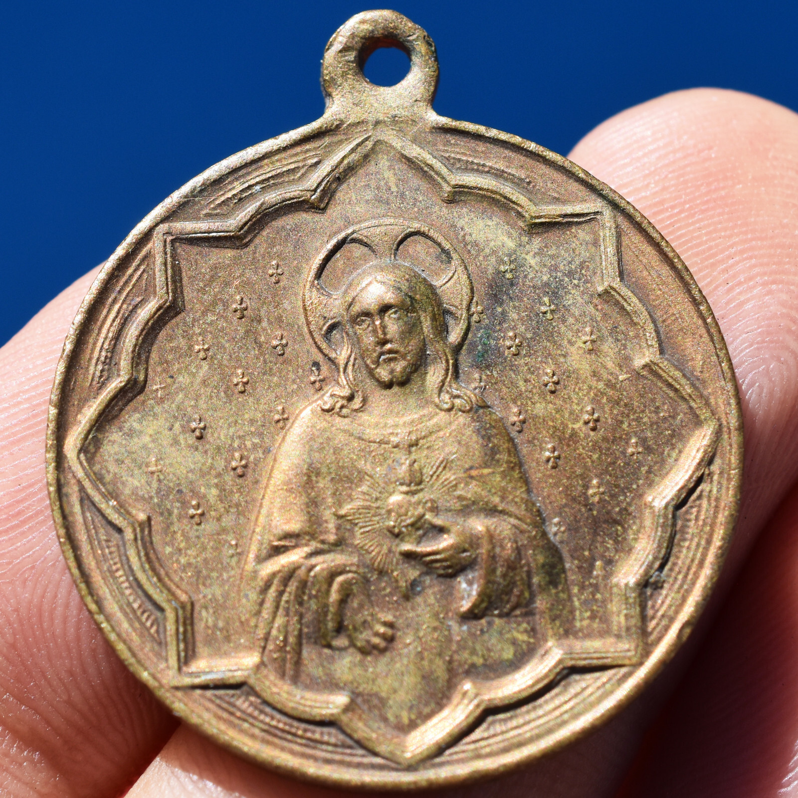 AWESOME SACRED HEARTS RELIGIOUS MEDAL ANTIQUE FRENCH CATHOLIC CHARM