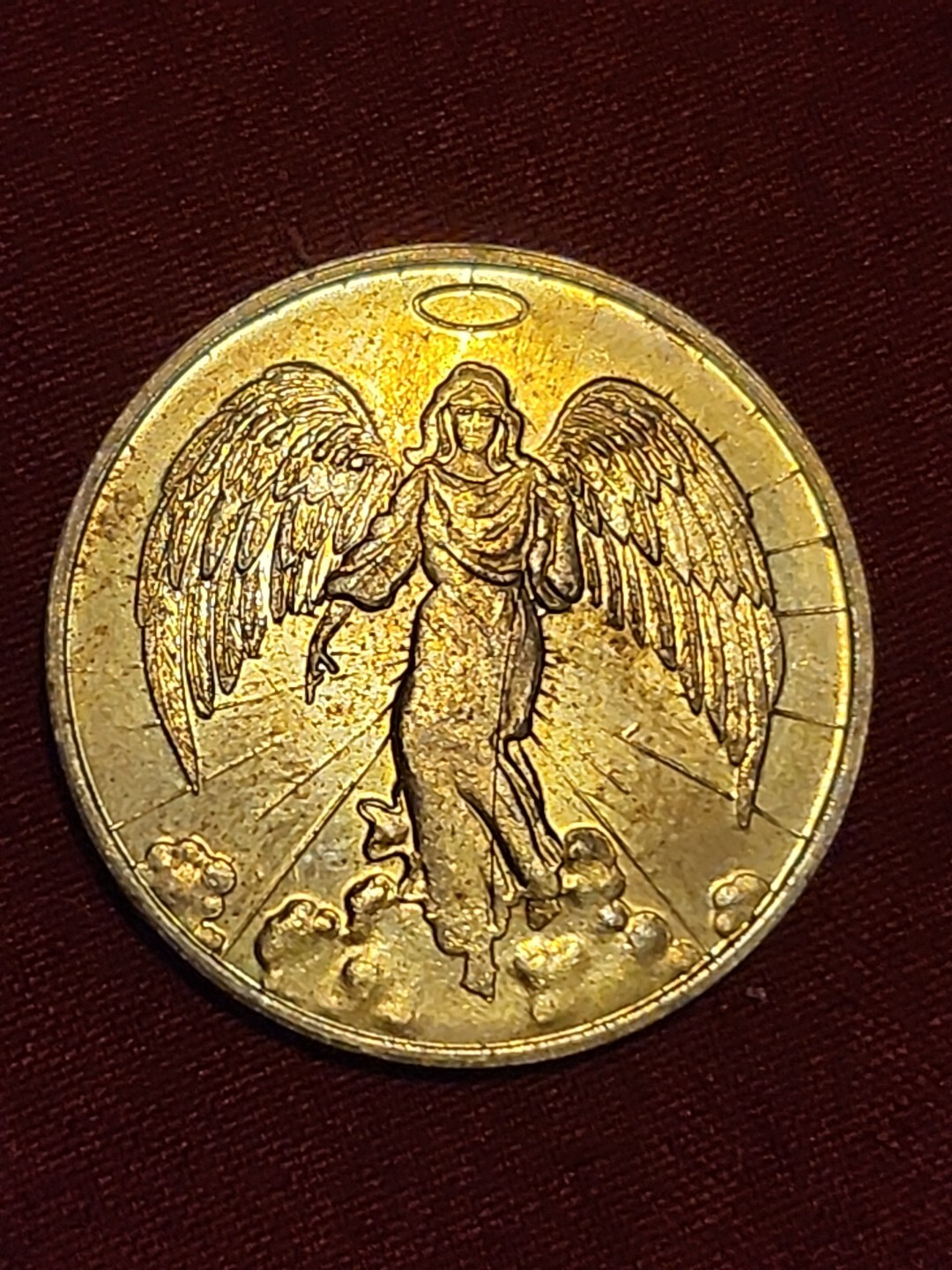 Vintage Gold Tone Guardian Angel Medal Double Sided Coin Religious Preowned