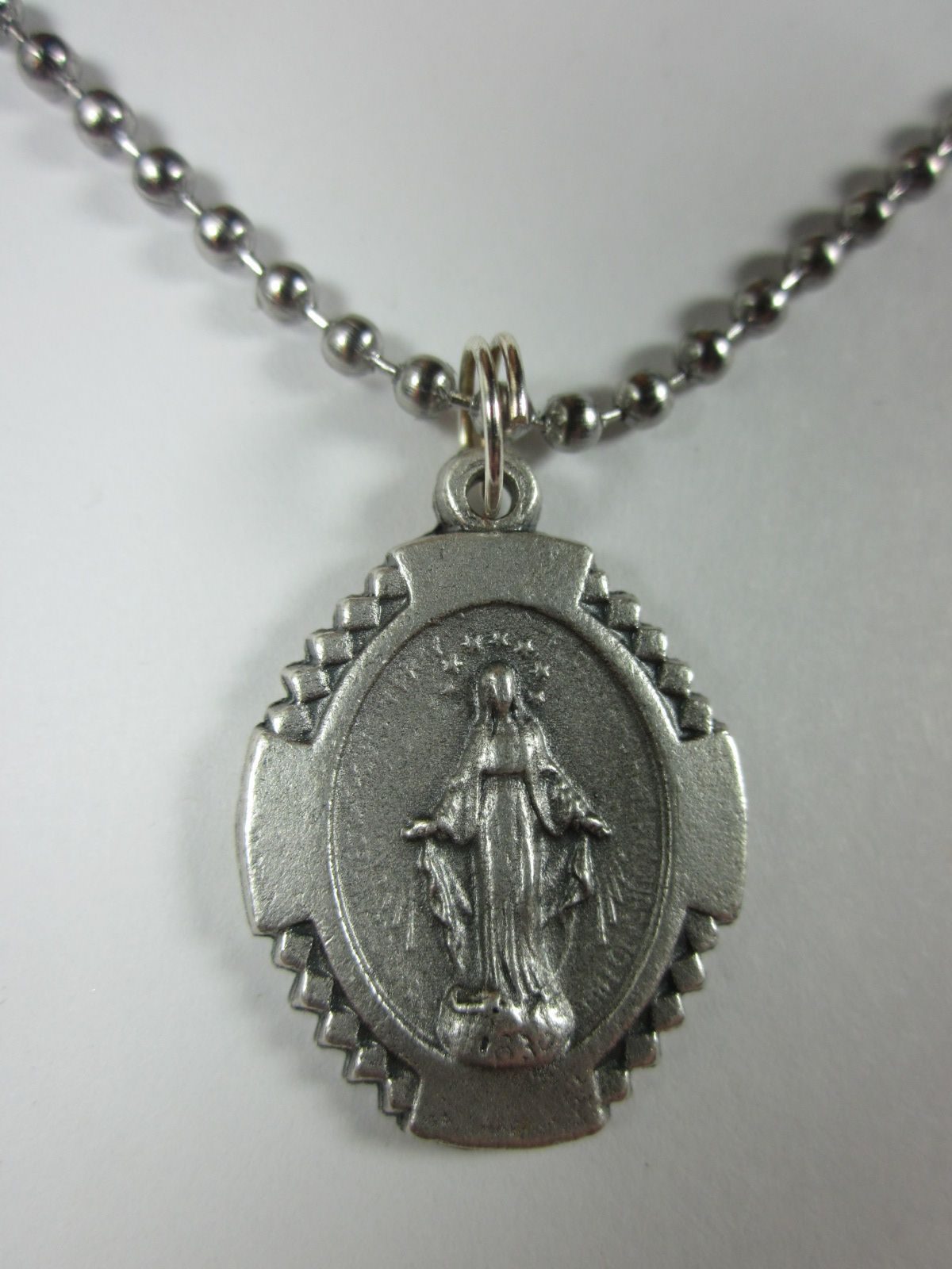 Bordered Miraculous Medal Italy Pendant Necklace 24″ Stainless Steel Ball Chain