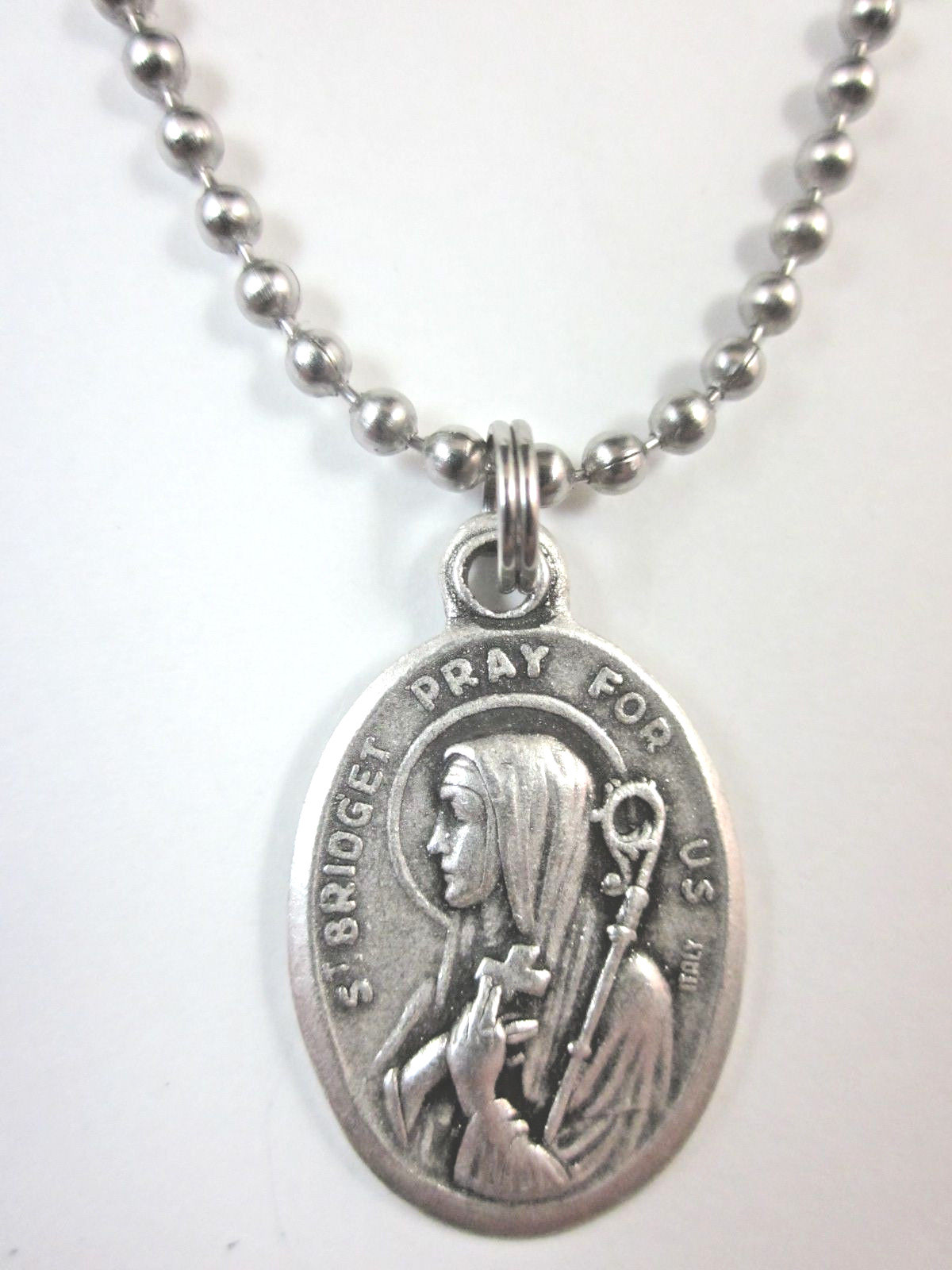 St Bridget (Brigid) Medal Italy Necklace 24″ Ball Chain Gift Box & Prayer Card