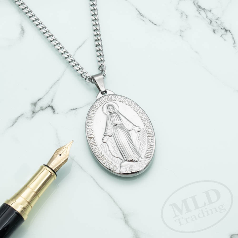Stainless Steel St Mary Miraculous Medal Pendant Necklace – 1-3/4″, 24” Chain