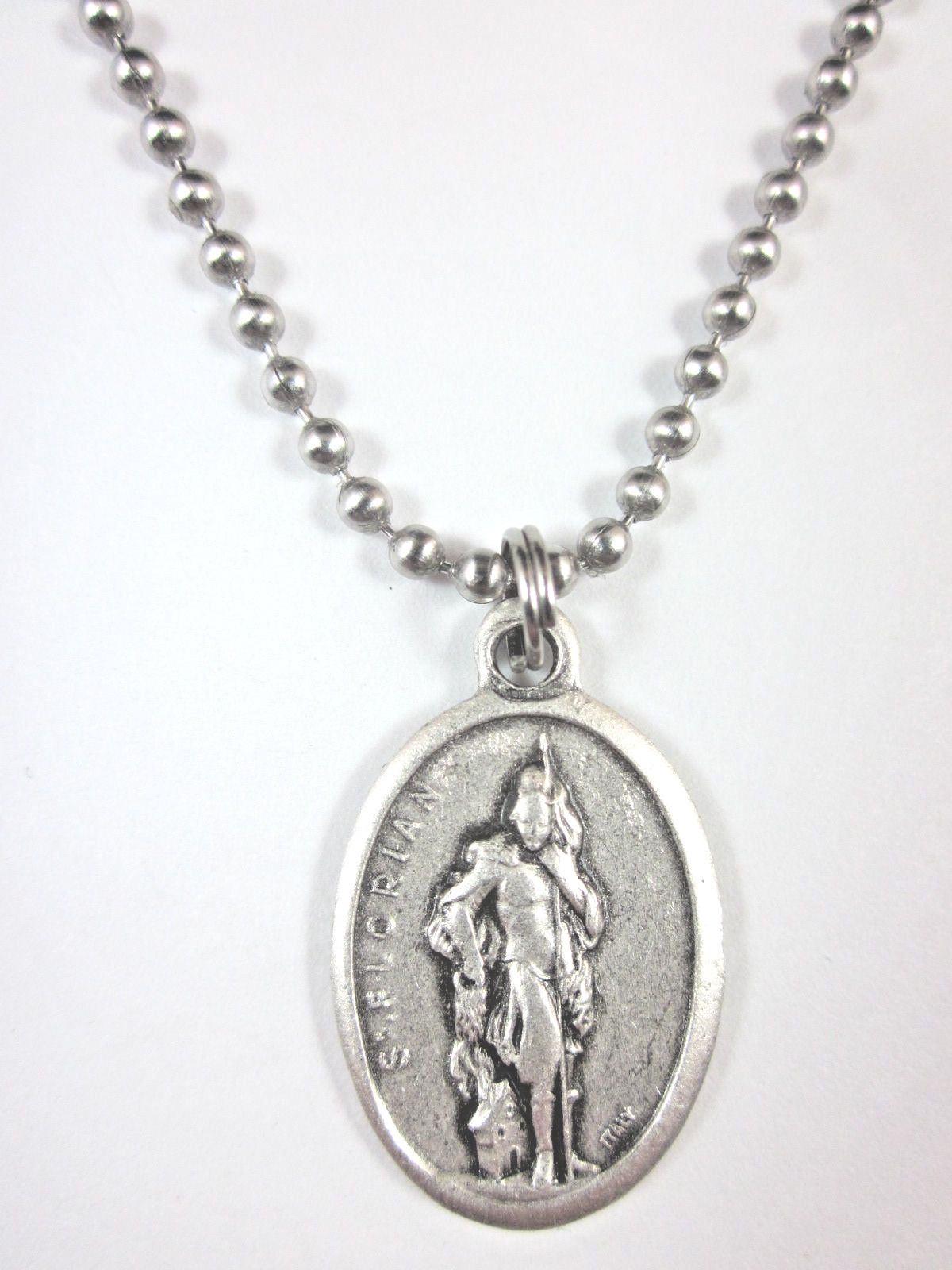 St Florian Medal Italy Pendant Necklace 24″ Ball Chain Gift Box & Prayer Card