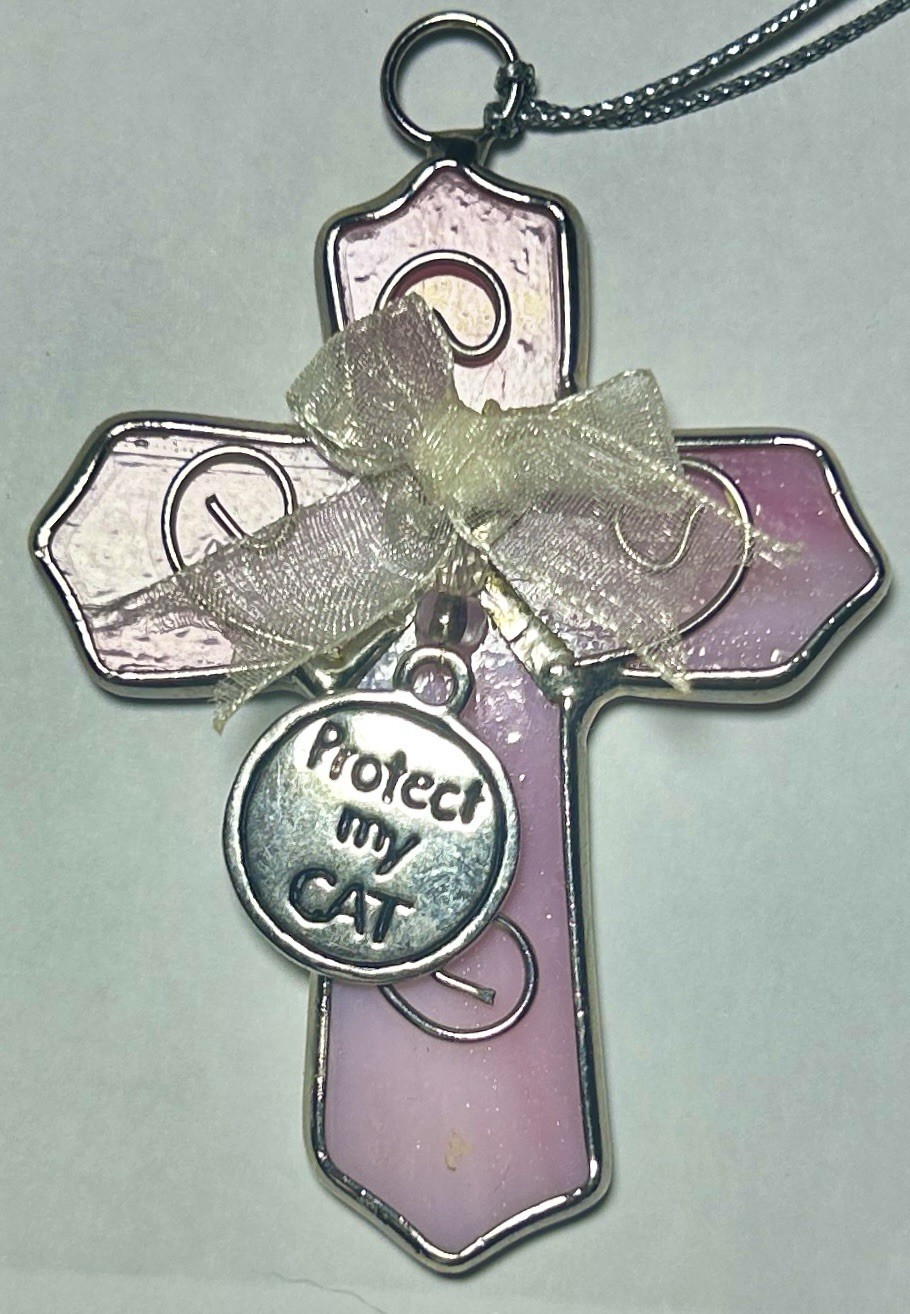 Vintage Ganz “Protect My Cat” 4” Pink Stained Glass Cross Charm Ornament CUTE