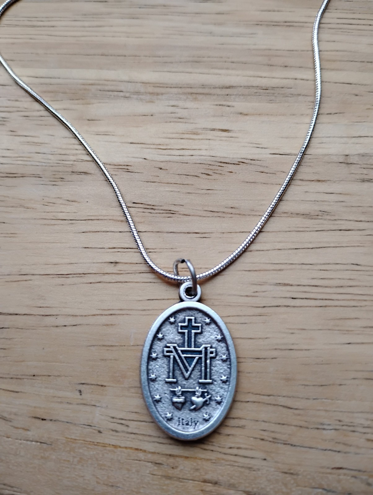 1″ Blue Miraculous Medal LATIN Necklace 925 sterling silver chain + Prayer Card