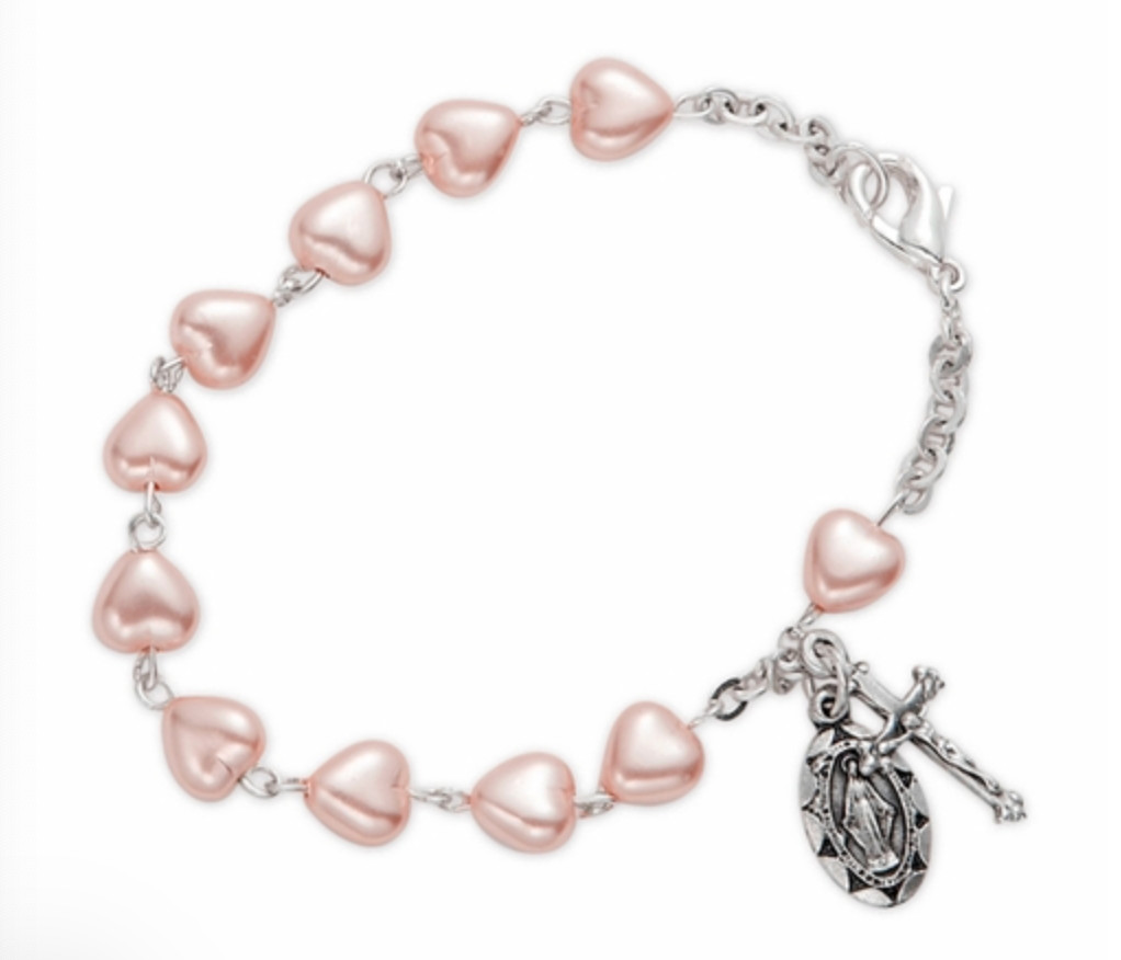 heart shaped pink pearl beads bracelet with crucifix and miraculous charm