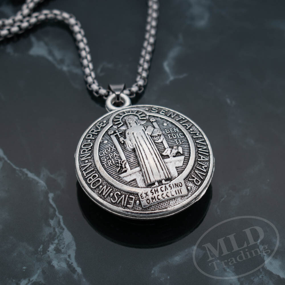 3D Saint St Benedict Medal Thick Pendant Necklace w 24″ Box Chain Silver Tone