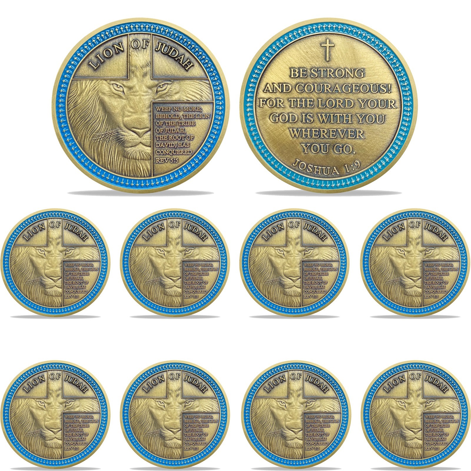 10Pcs Lion of Judah Challenge Coin Joshua 1:9 Verse Christian Inspirational Gift