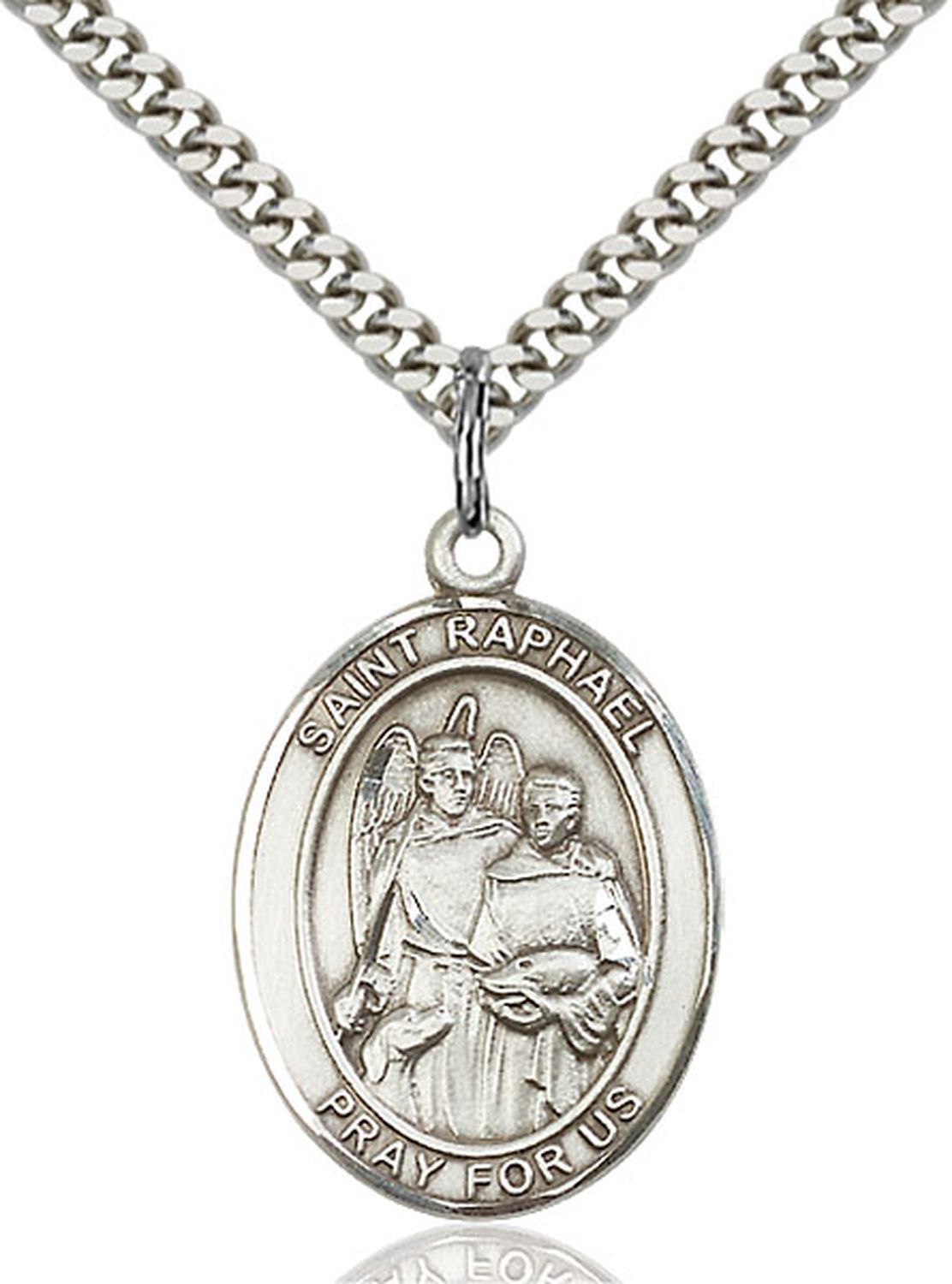 Pewter Saint Raphael the Archangel Oval Medal Pendant Necklace 24″ Chain GiftBox