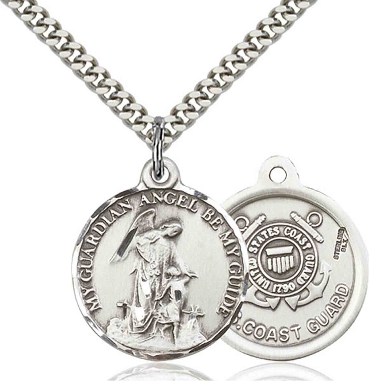 Sterling Silver Guardian Angel Coast Guard Medal Pendant Necklace 24″Chain Gift