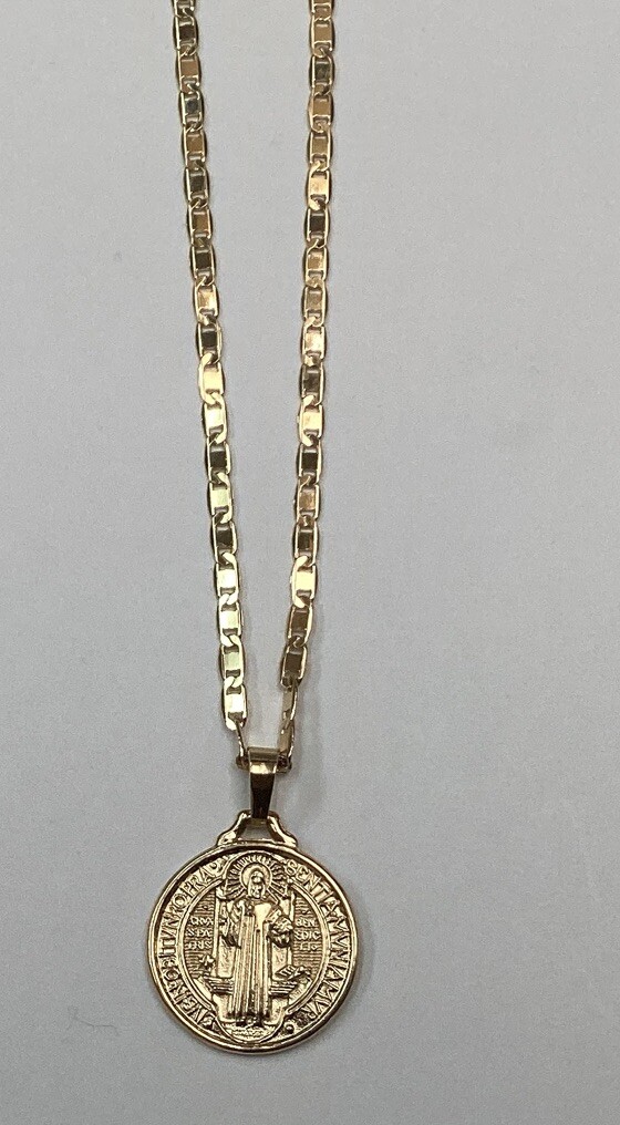 MEDALLA Y CADENA SAN BENITO BAÑO DE ORO 14K; 14k GOLD PLATED MEDAL ST BENEDICT