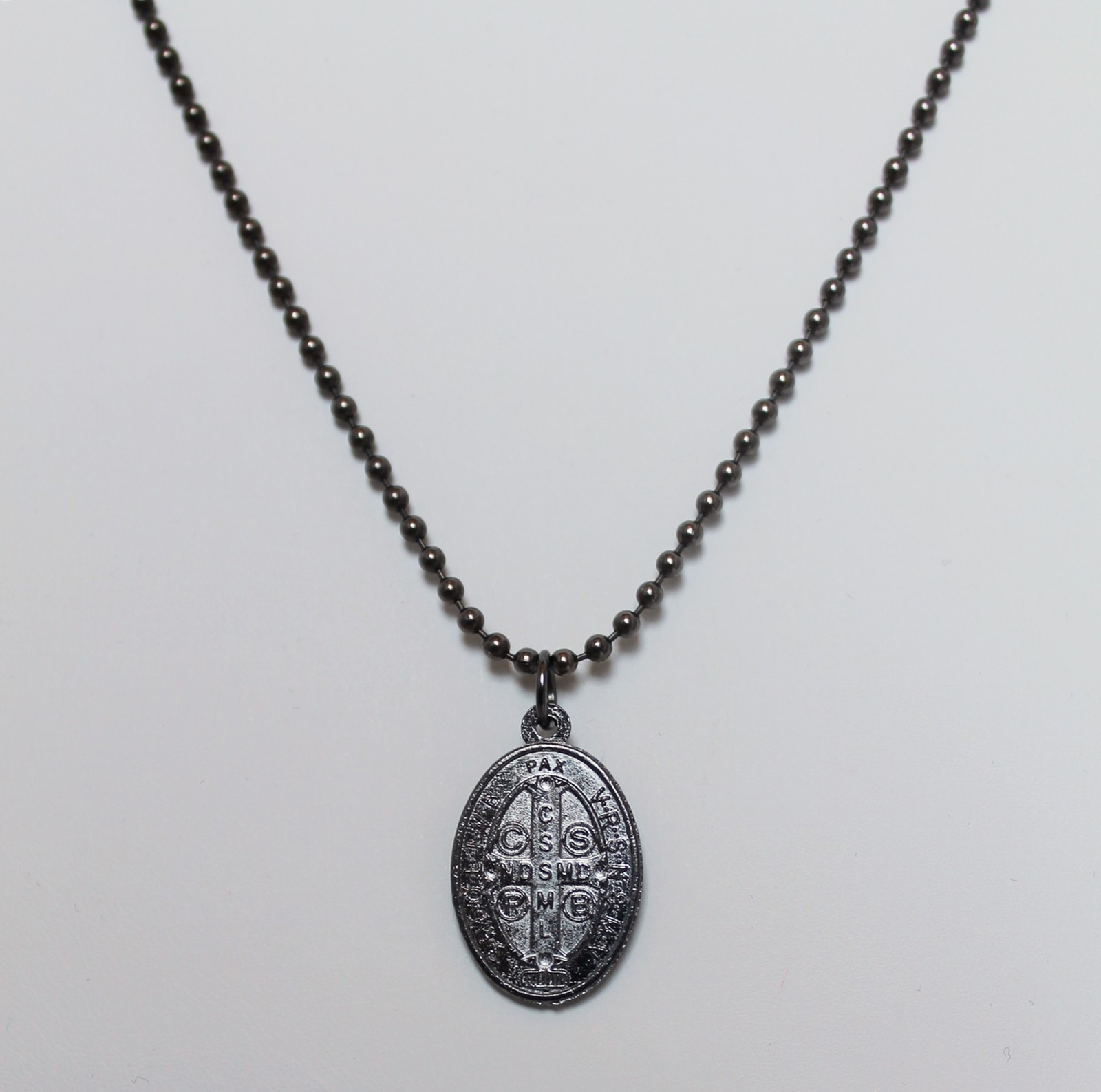 Gun Metal St Benedict Double Sided Medal w 30″ Bead Ball Chain Necklace