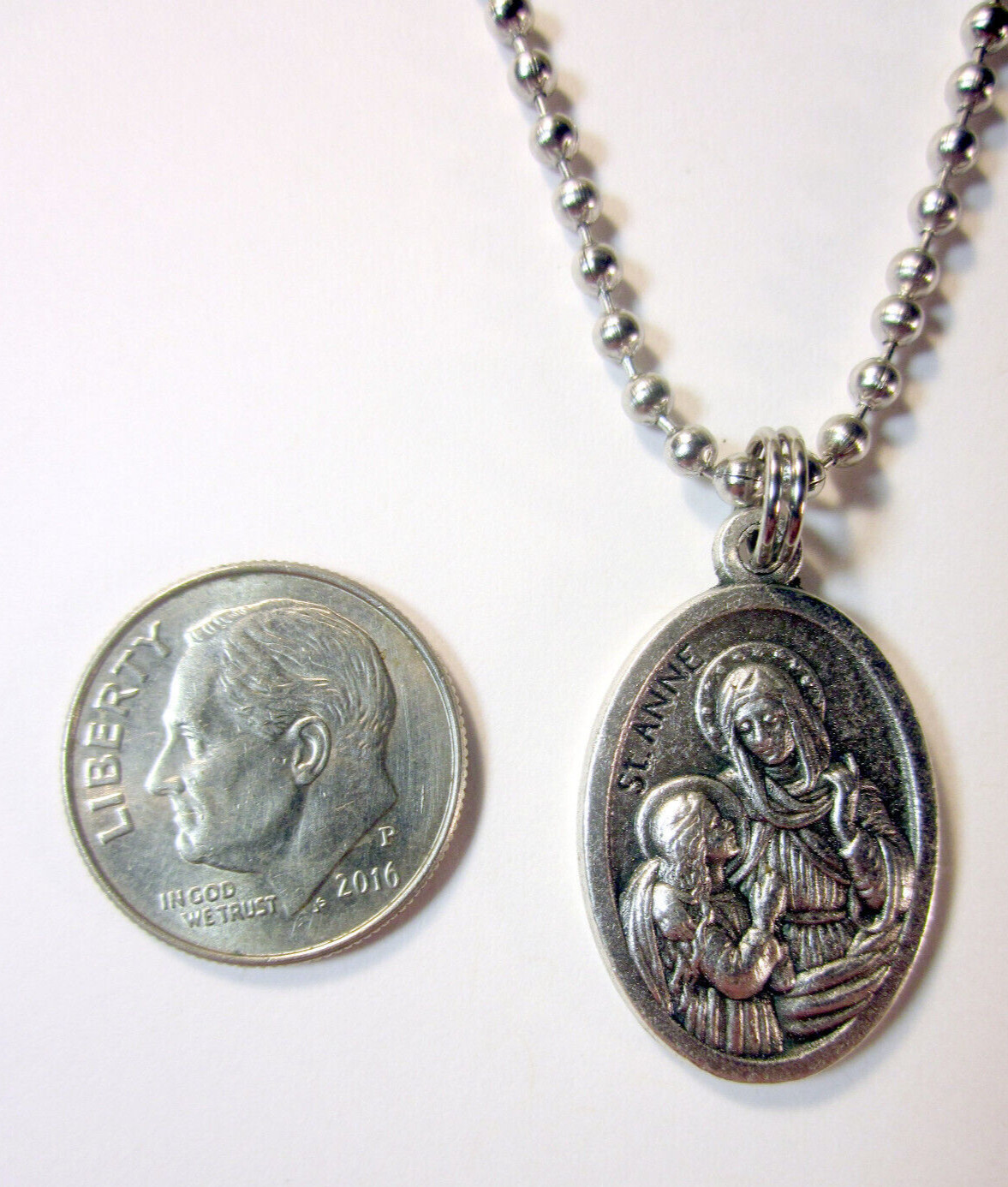 St Anne Medal Italy Necklace 24″ Ball Chain w Gift Box & Prayer Card