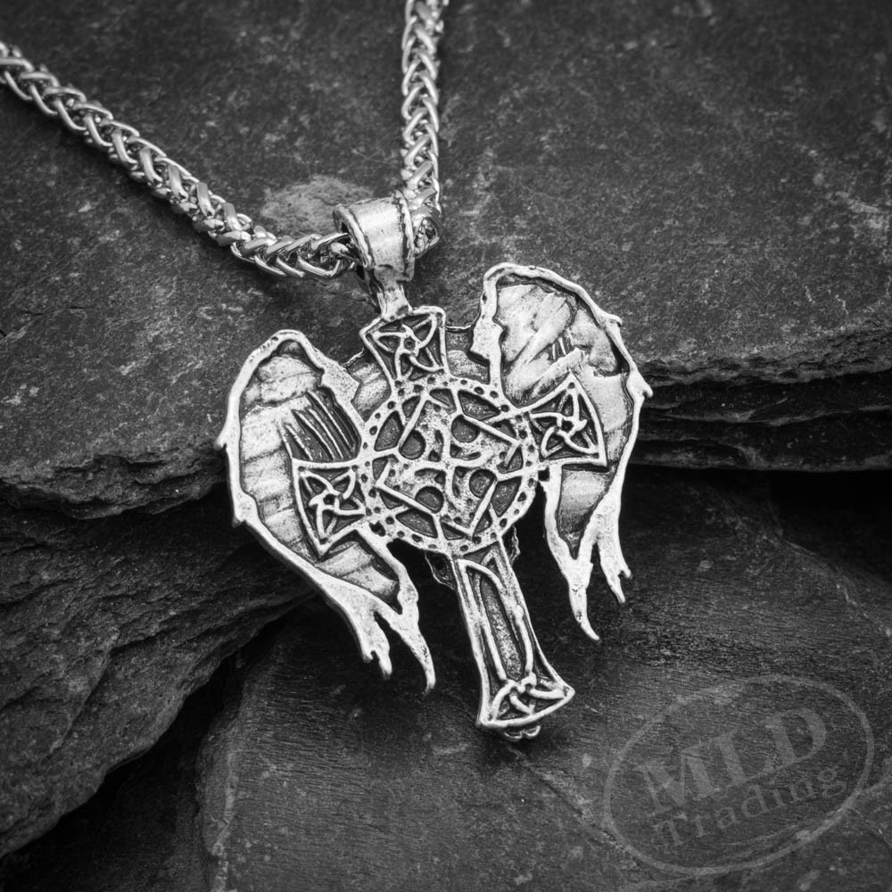 Saint St Michael Archangel Wings Cross Pendant Necklace & Stainless Steel Chain