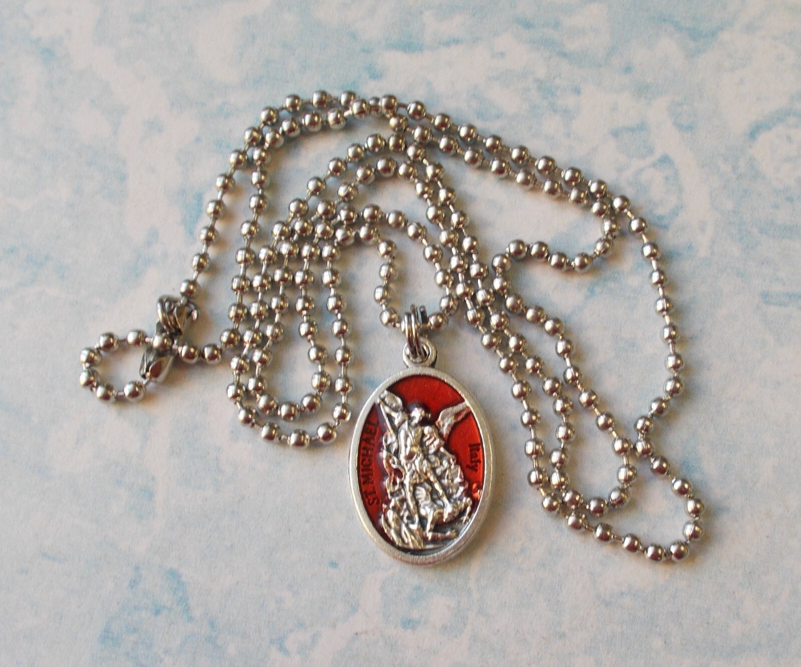 St Michael Archangel /Guardian Angel Medal w/ Red Enamel Necklace 24″ Ball Chain