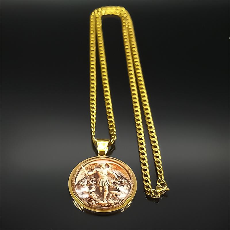 St Michael Protect Us Medal Necklace Gold Stainless Steel Archangel Pendant Men