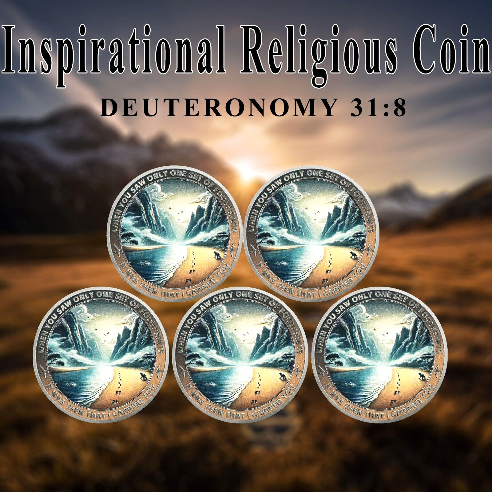 5pcs Christian Challenge Coin Footprints In The Sand Deuteronomy 31:8 Verse Coin