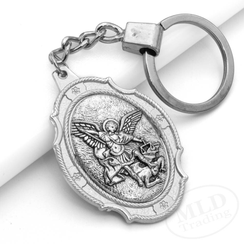 St Michael Medal Keychain Large Silver Pendant Zinc Alloy Religious Key Ring