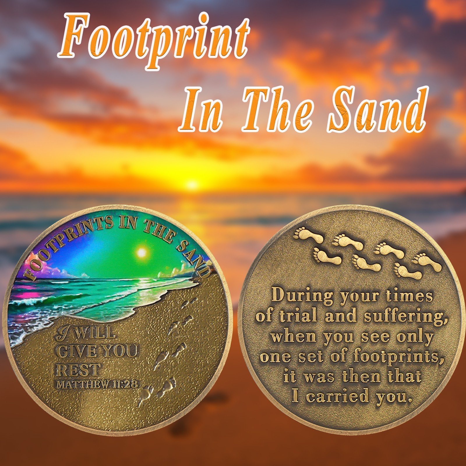 5pcs Inspirational Christian Coin Footprint In The Sand Matthew 11:28 Verse Coin