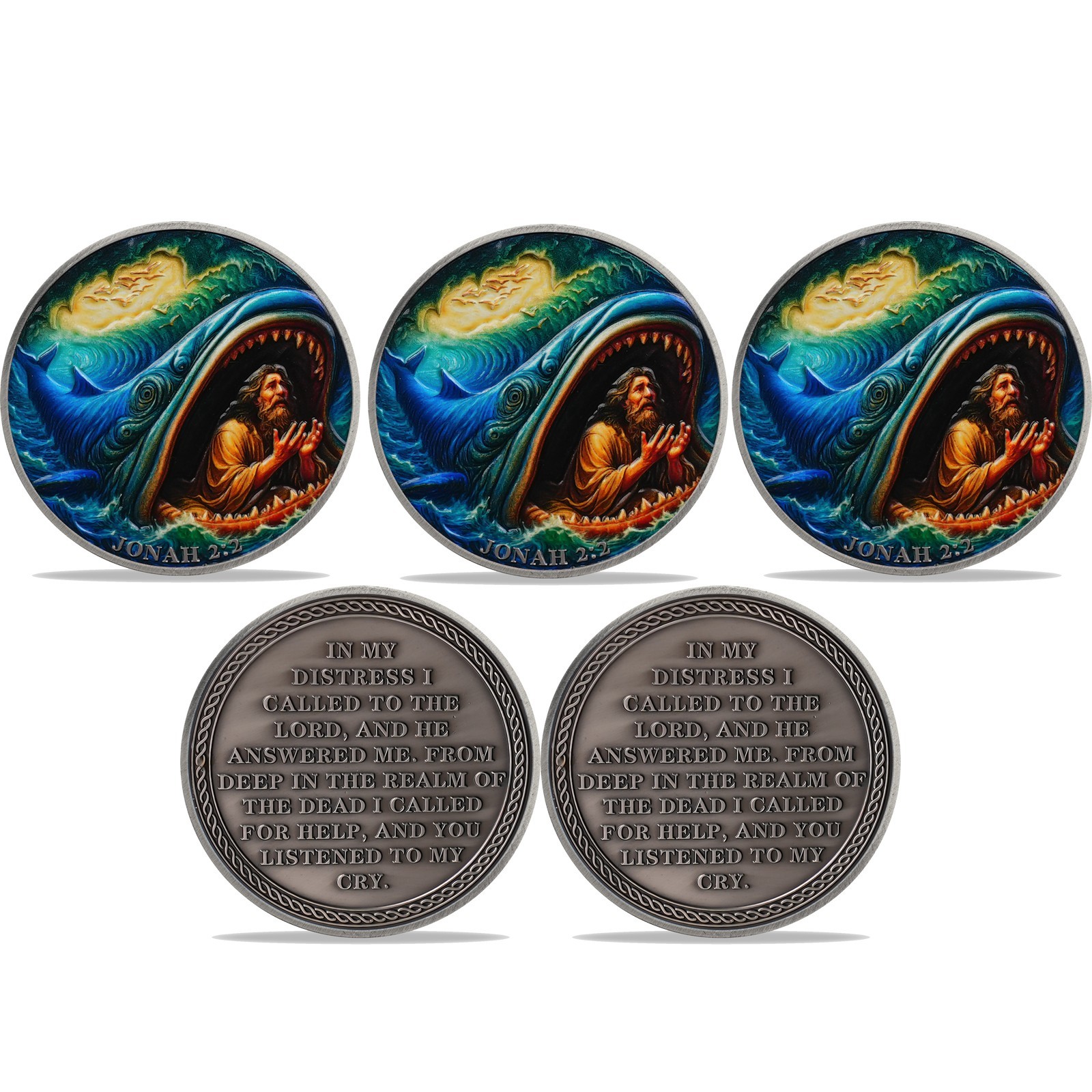 5pcs Jonah & Whale Challenge Coin Jonah 2:2 Verse Christian Religious Faith Gift