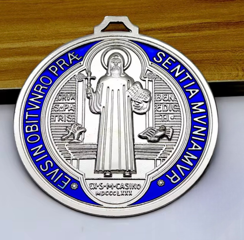 Catholic St Benedict Large 5” Medal 5oz Blue Red Enamel Medalla de San Benito