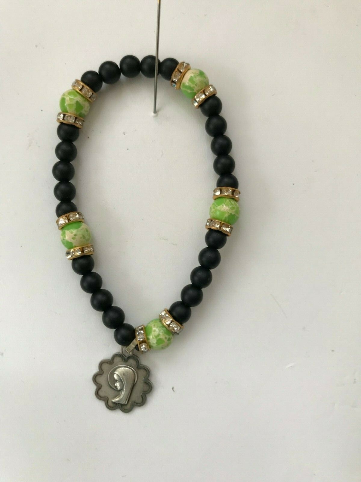 Natural Beautiful Multi Colored Gemstones Blessed Mother Lourdes Medal Bracelet