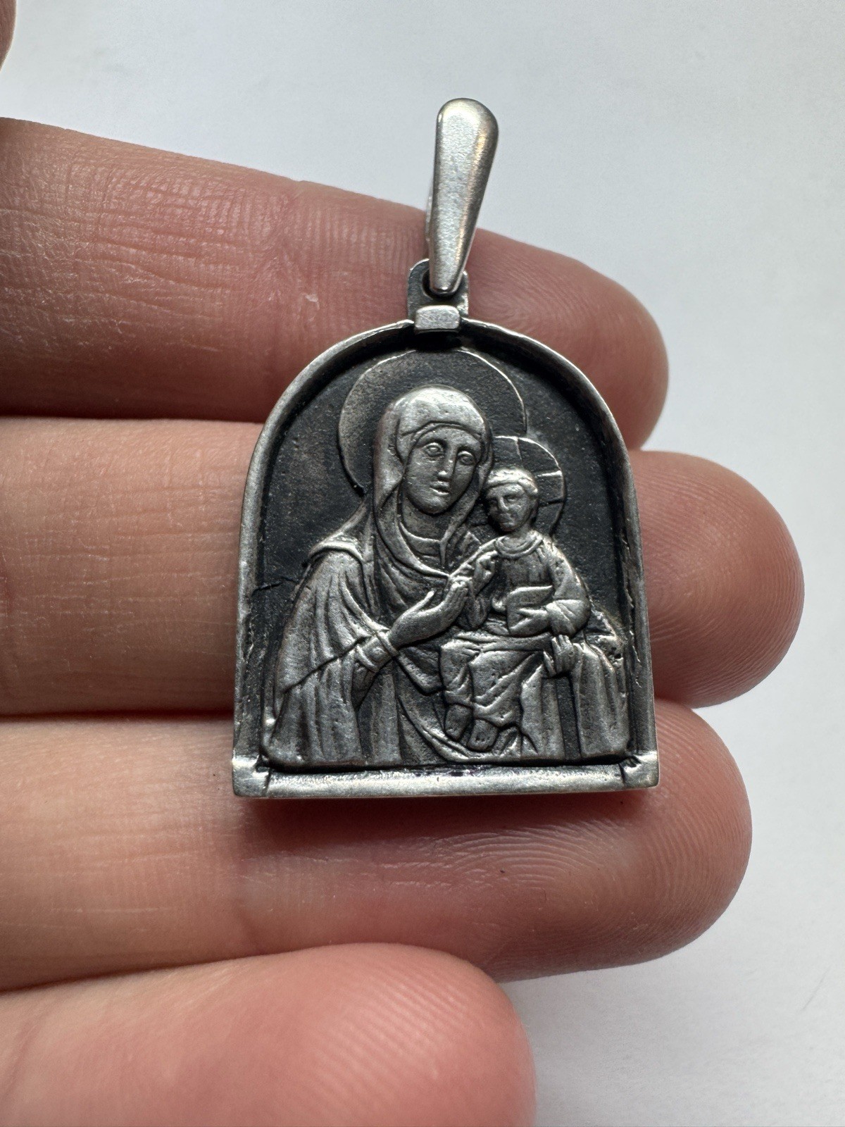 Vintage 925 Sterling Silver Peschanskaya Virgin Mary Pendant Orthodox Icon 9.1g