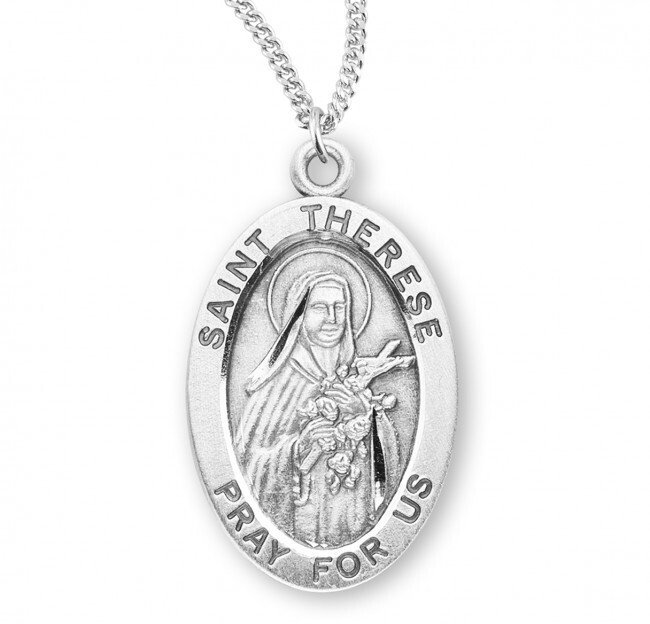 St. Therese of Lisieux Sterling Silver Oval 1.1″ Medal, Gift Box, 24″ Chn, US