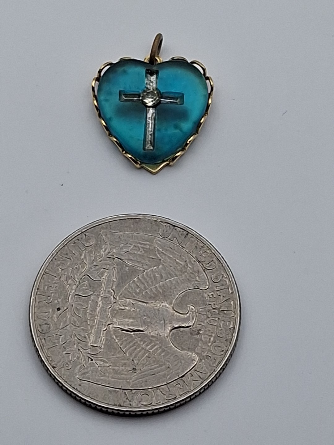 Vinyage Blue Lucite Gold Toned Heart & Cross Medal Religious Pendant Charm
