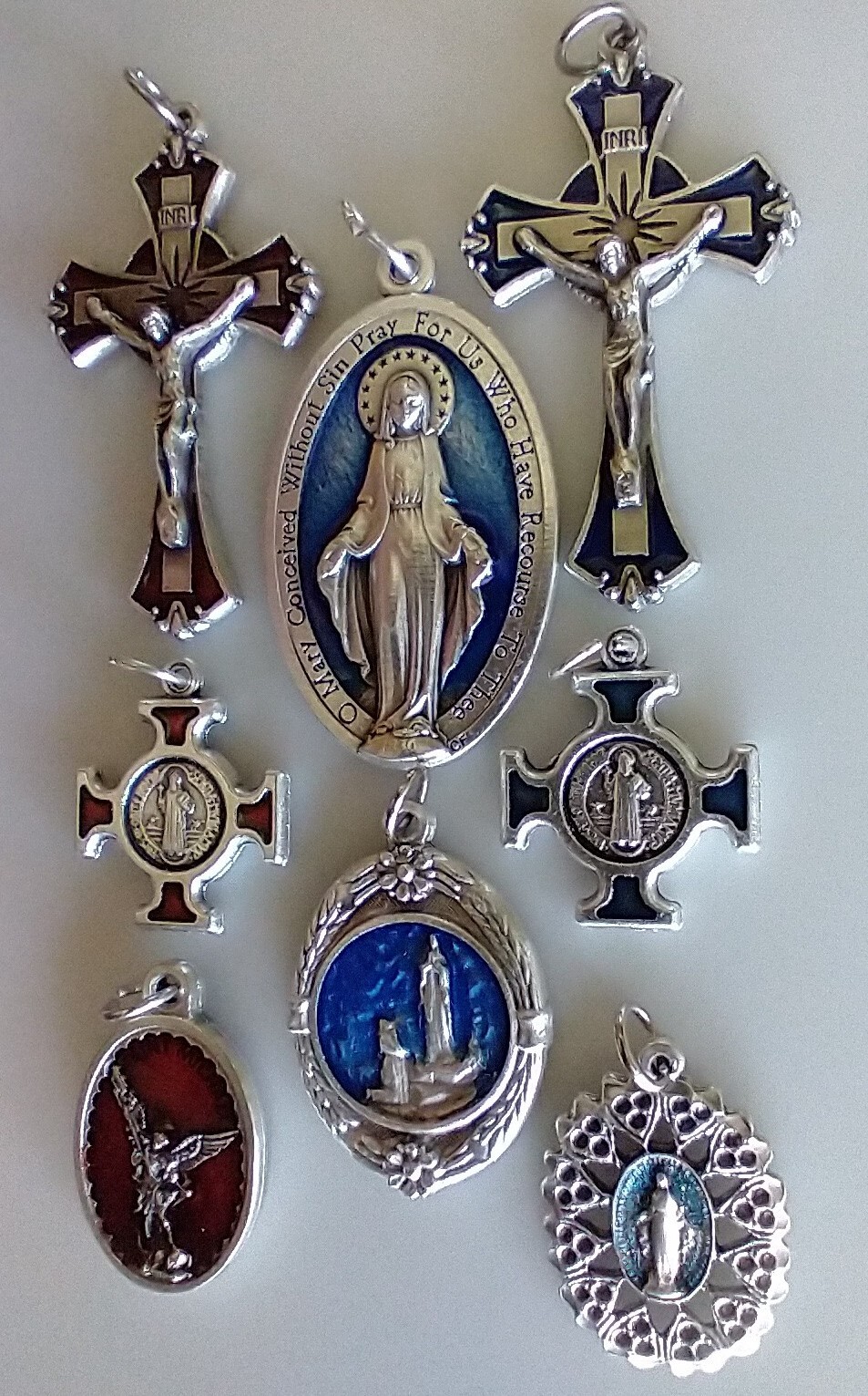 Catholic Lot Red Blue Enamel Miraculous Medal St Michael Benedict Lourdes Medals