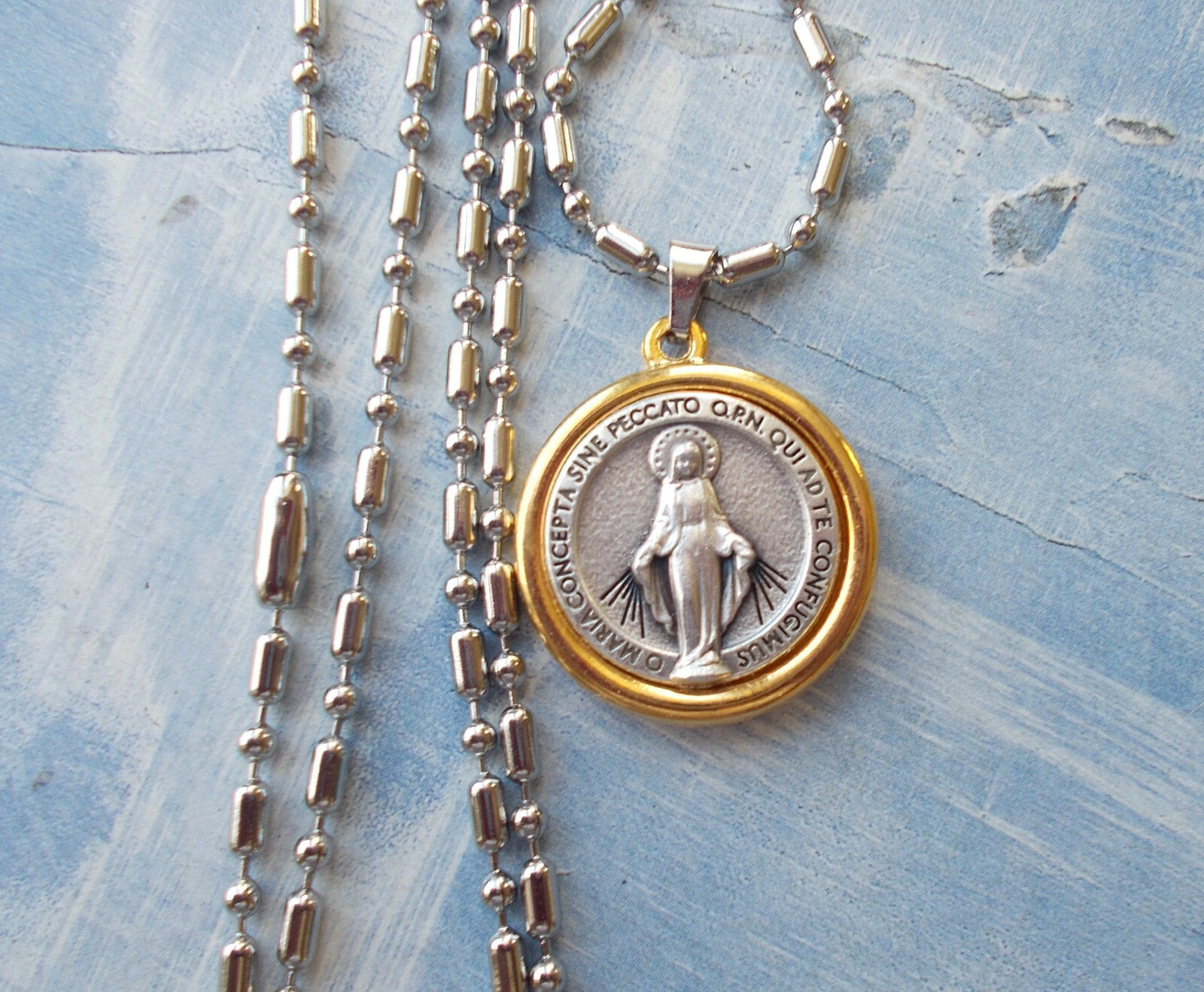 GORGEOUS Two tone Miraculous Medal pendant 1″ round~stainless steel chain~Italy