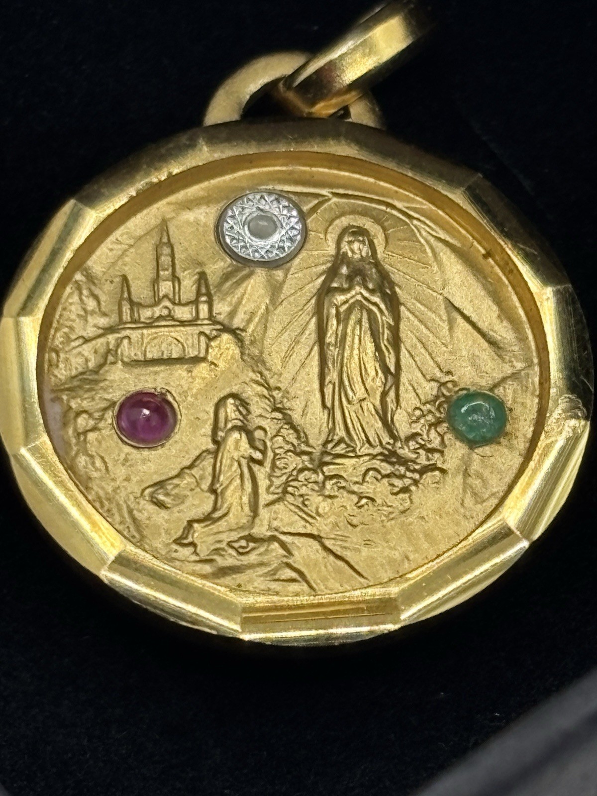 VTG Lourdes Reliquary Medal Pendant Gold Ruby Emerald Soil Water Relic Grotto