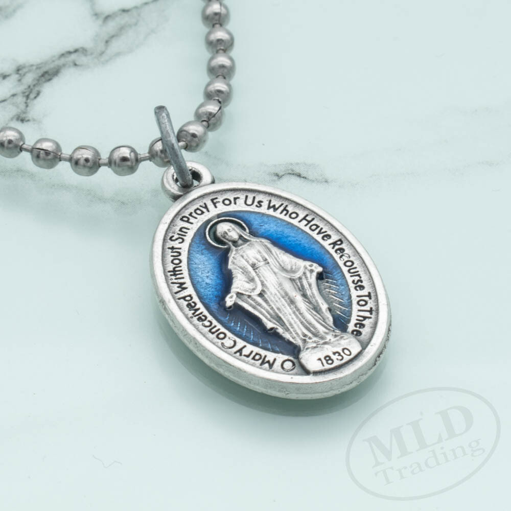 Blue Miraculous Medal Virgin Mary 1″ Pendant Necklace Italy w 24″ Ball Chain