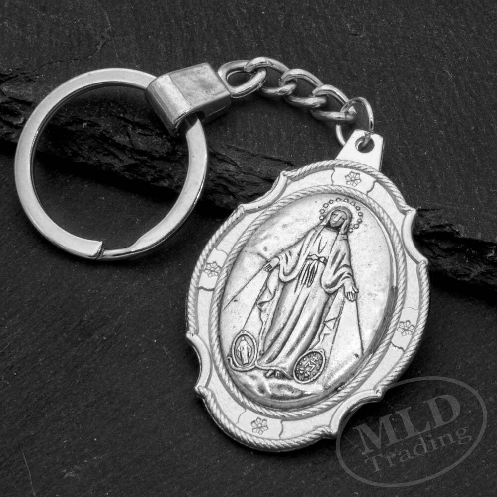 Miraculous Medal Keychain Large Silver Pendant Zinc Alloy Religious Key Ring