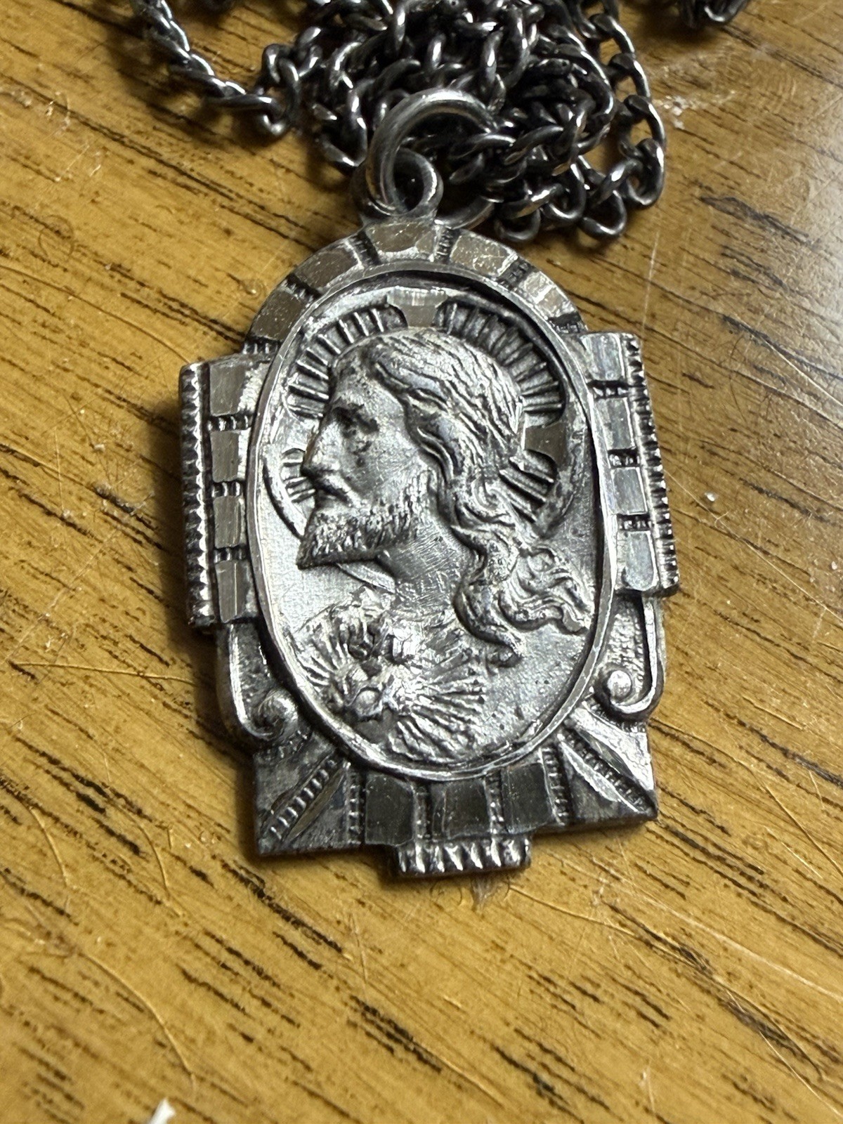 Vintage AFCO Sterling Silver 28” Necklace Sacred Heart of Jesus medal pendant
