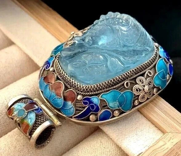 Womens Necklace Pendant Sterling Silver Blue Aquamarine Gemstone Large Art Deco