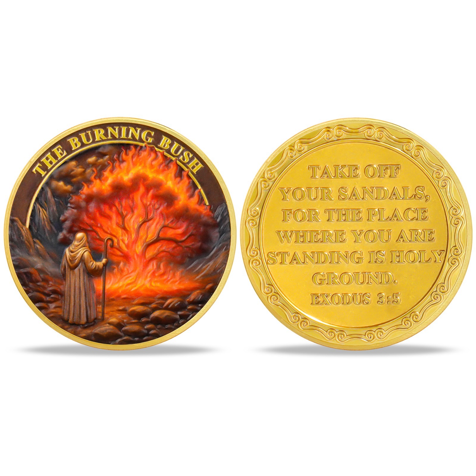 6pcs Christian Faith Coin Moses Holy Ground Burning Bush Exodus 3:5 Verse Tokens