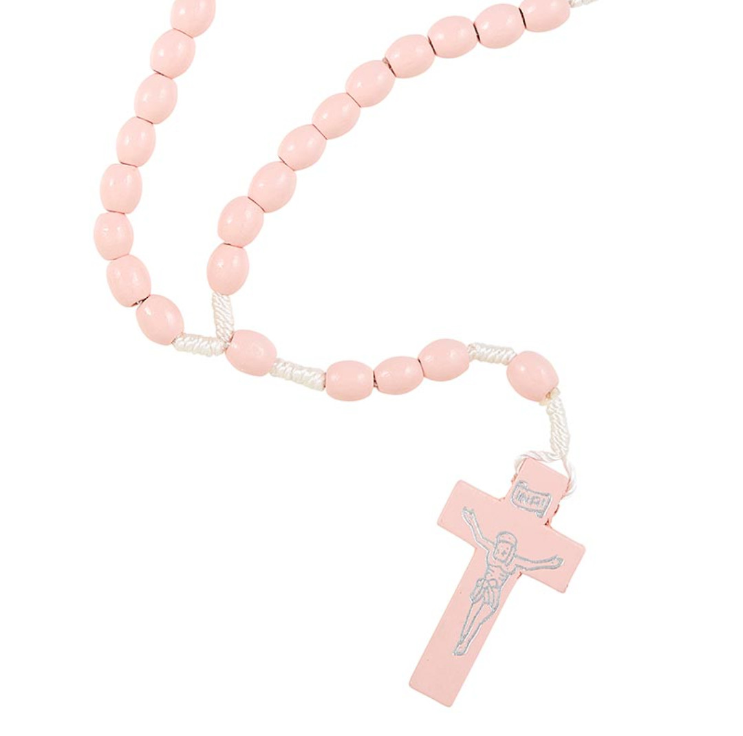 Girl’s Baptism Gift Pink Guardian Angel Crib Medal & Pink Wooden Rosary Catholic