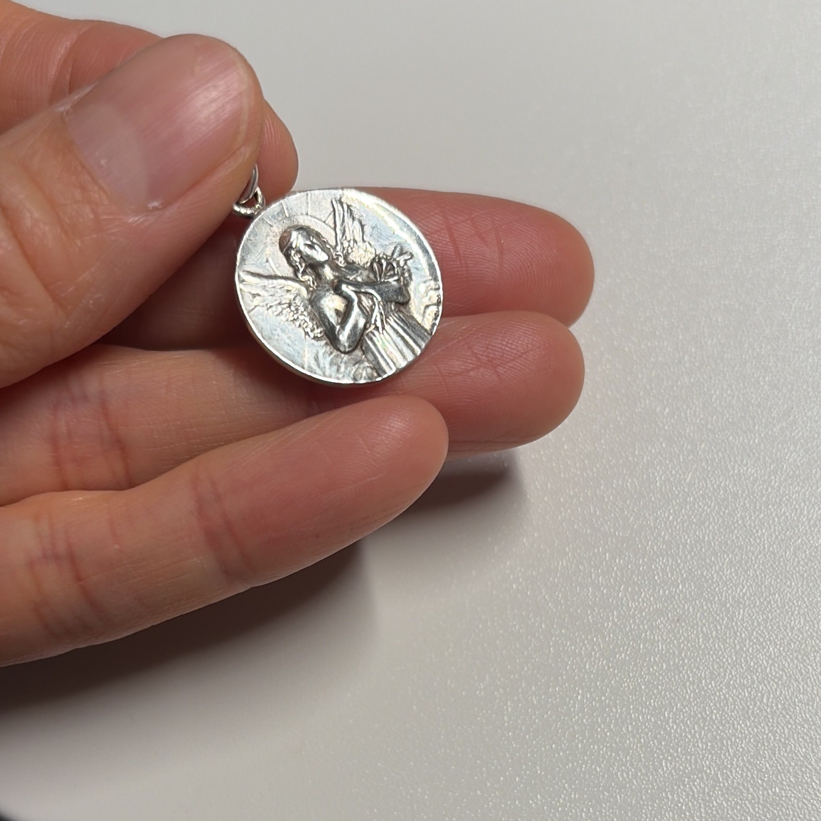 Round Christian Angel Medal Pendant Charm with Bail, 925 silver