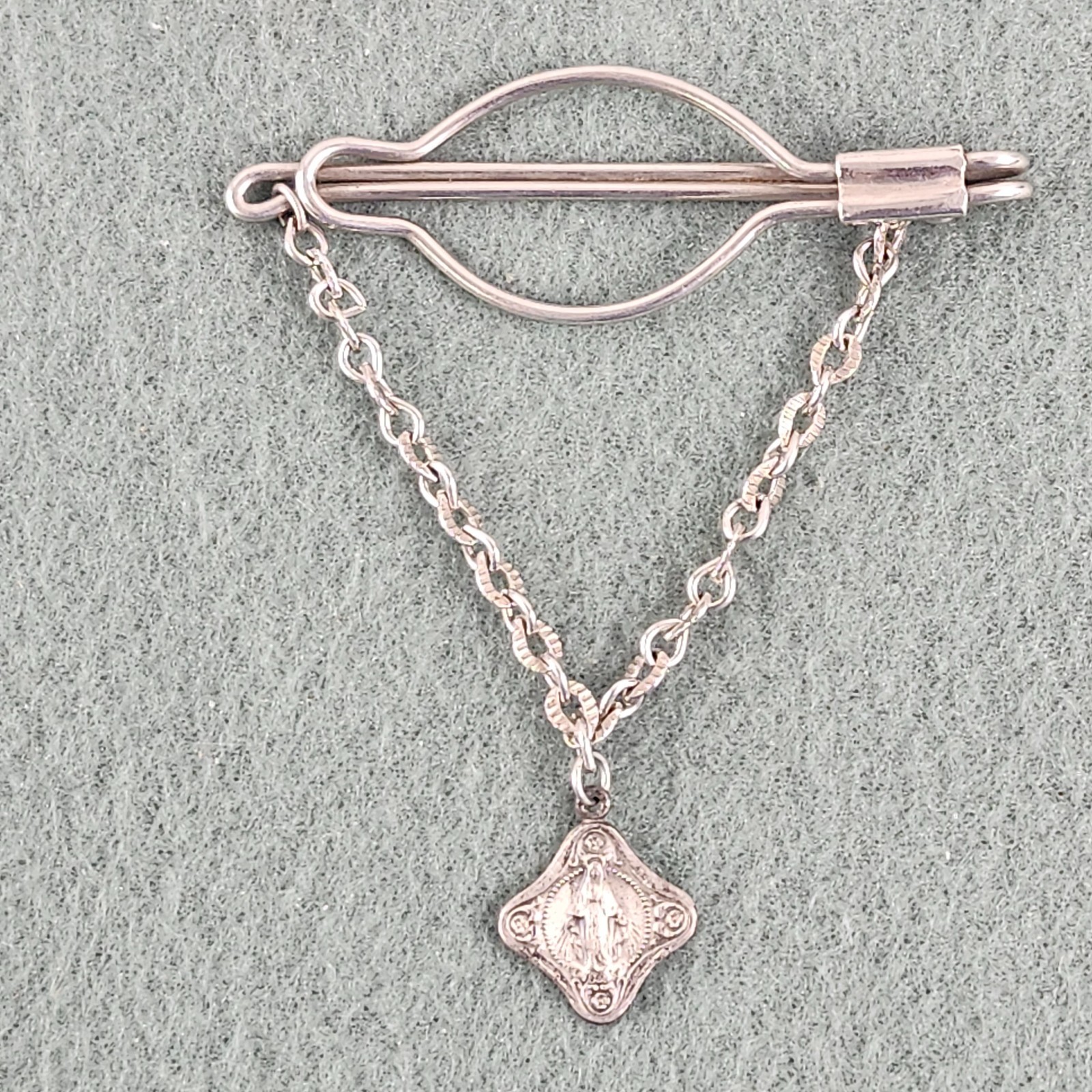 Vintage Jesus Tie Bar Clip Silver Tone Religious Catholic Saint Chain
