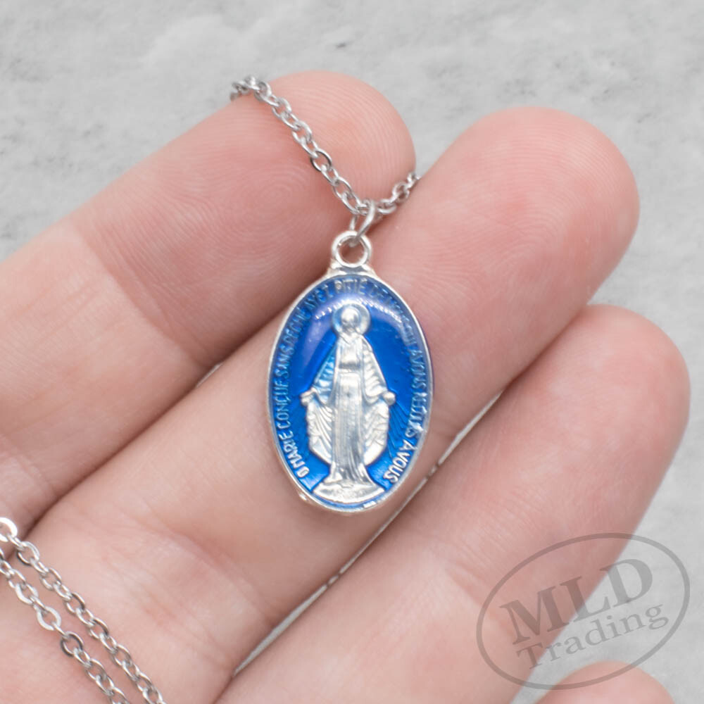 Stainless Steel Virgin Mary 1 Inch Blue Miraculous Medal Pendant Necklace Womens